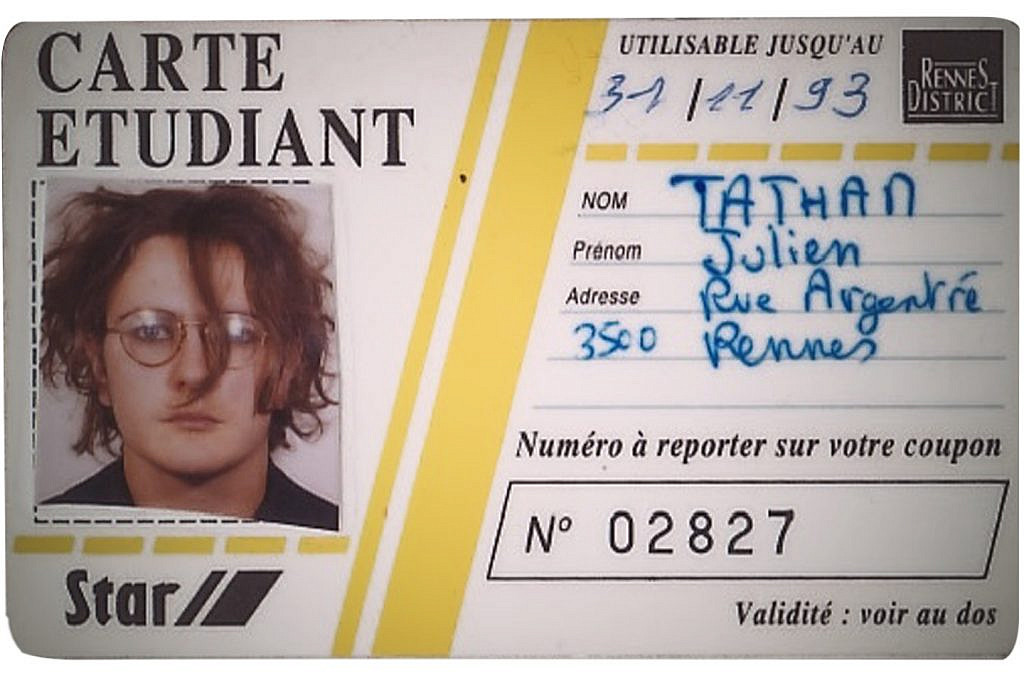 Carte d'étudiant de Julien Tatham à Rennes dans les années 90